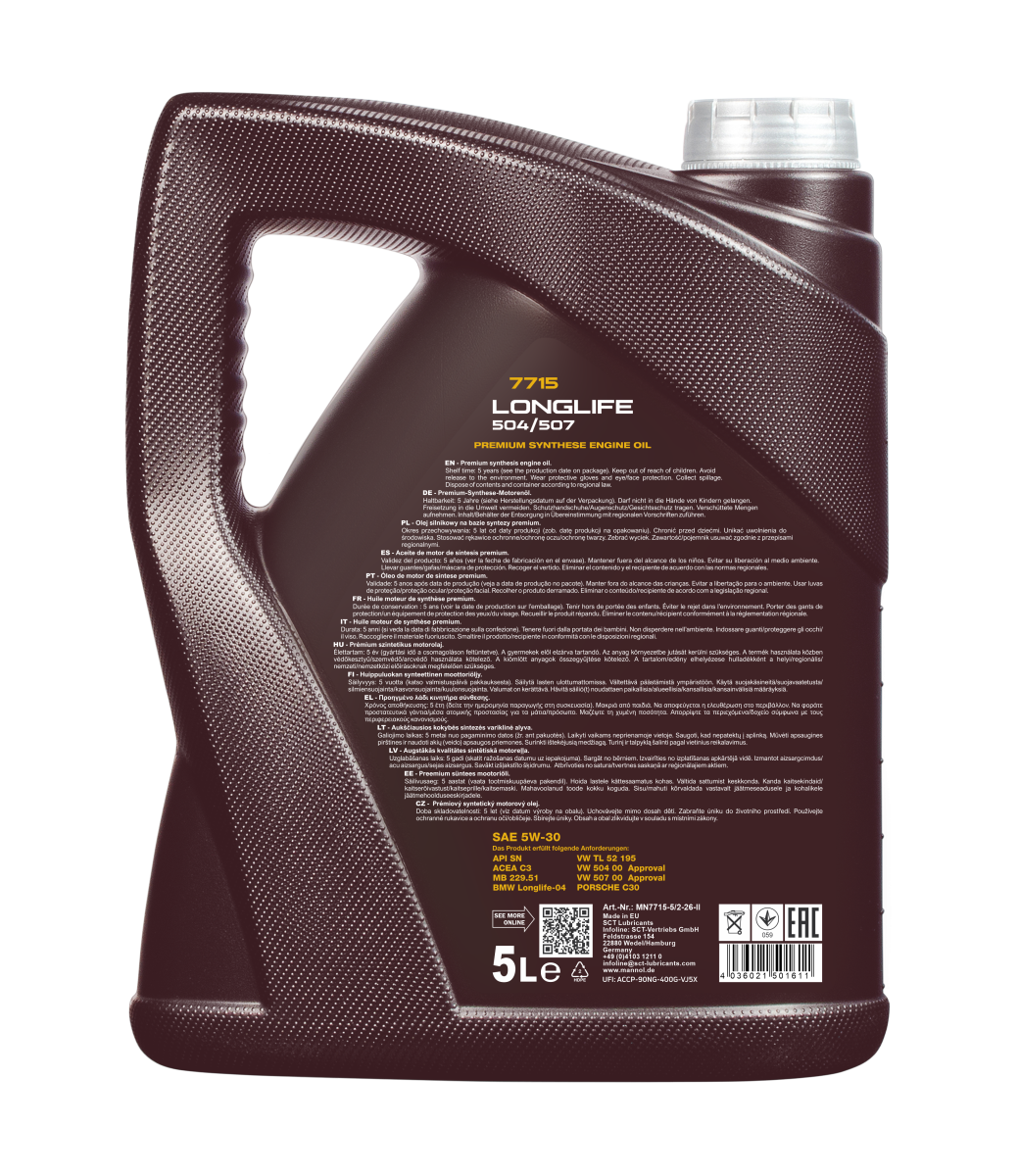 MANNOL Longlife 504/507 7715 5W-30 — 5 L — MN7715-5 — vue arrière du bidon