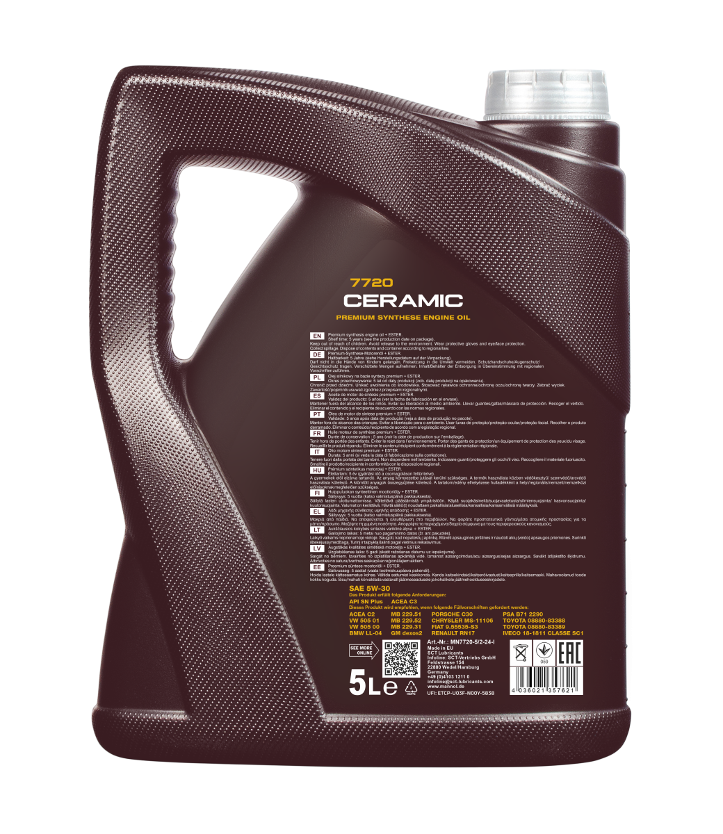 MANNOL Ceramic 7720 5W-30 — 5 L — MN7720-5 — vue arrière du bidon
