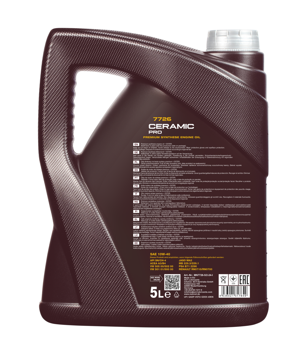 MANNOL Ceramic Pro 7726 10W-40 — 5 L — MN7726-5 — vue arrière du bidon