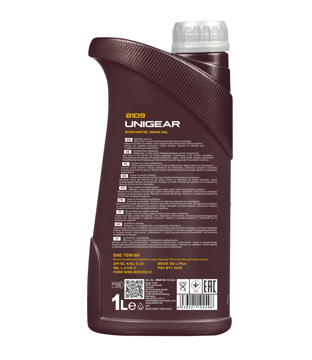 MANNOL Unigear 8109 75W-80 — 1 L — MN8109-1 — vue arrière du bidon